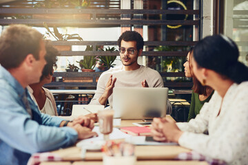 Design, laptop and meeting with business in coffee shop for collaboration, conversation or...
