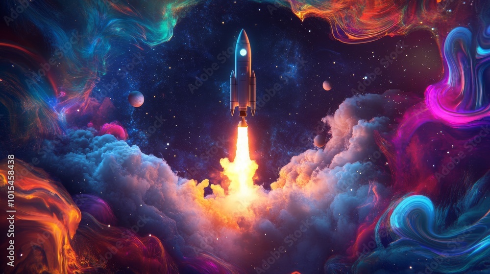 Aufkleber a bright rocket ascends into the starry sky, surrounded by colorful clouds of gas and swirling nebul