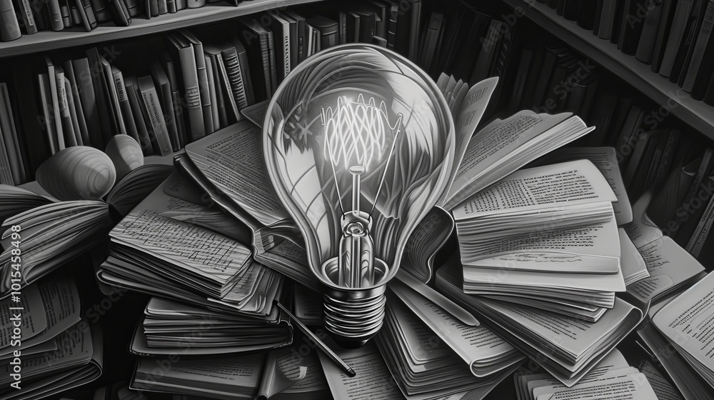 Poster a glowing light bulb sits on an array of open books, surrounded by bookshelves. the dim, monochrome 