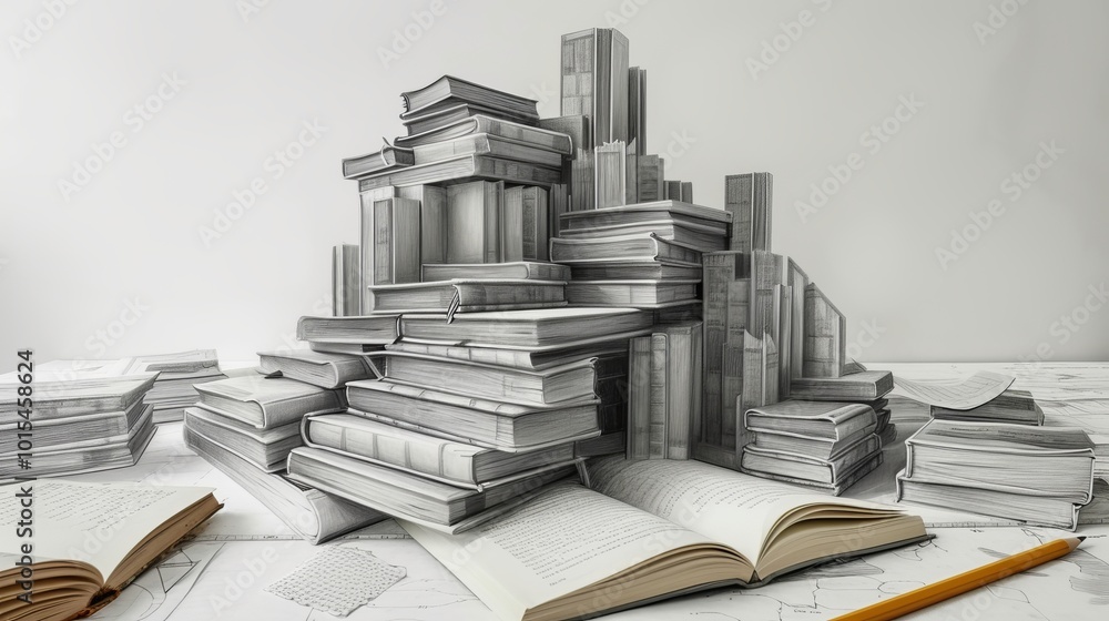 Poster books are creatively stacked and arranged to resemble architectural buildings on a desk. this imagin