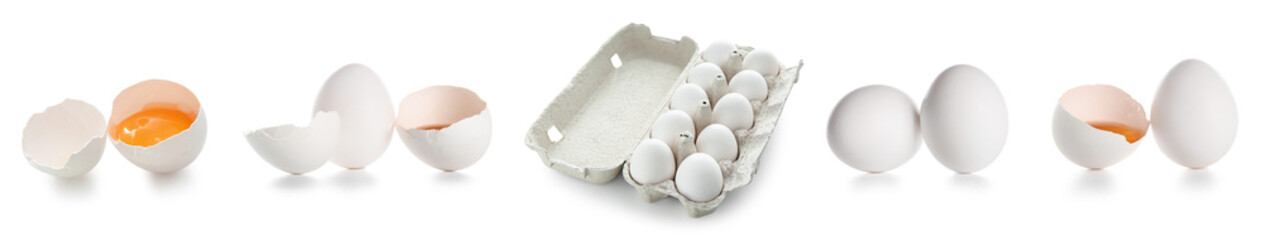 Set of raw chicken eggs on white background