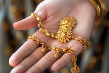 Close-up of female hand holding gold necklace with flower pendant. Chain with small gold flowers. Blurred white wall background with gold circles. Delicate grip.