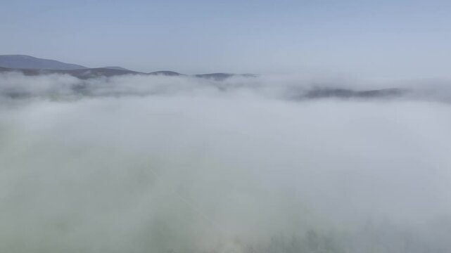 Coastal fog in the Scottish Highlands with hills, drone image, Broch of Ousdale, Berriedale, Scotland, Great Britain