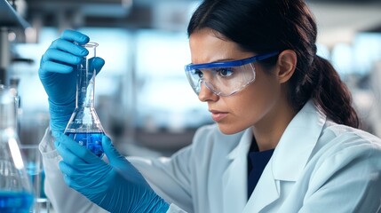 Serious female scientist in lab coat analyzing blue liquid in beaker with safety glasses focused on chemical research in laboratory setting