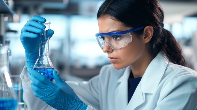 Serious female scientist in lab coat analyzing blue liquid in beaker with safety glasses focused on chemical research in laboratory setting