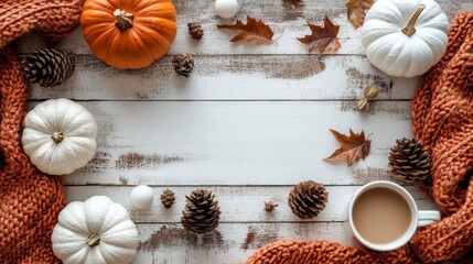 Cozy fall scene: pumpkins, sweaters, and hot chocolate on a rustic background