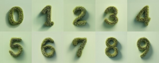 Grass Numbers Zero to Nine with Realistic Green Grass Texture Against Light Green Background for Organic and Nature-Inspired Design Concepts