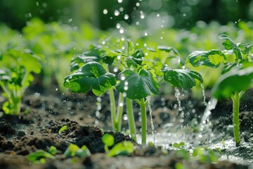 A garden with plants that are being watered, generative ai image