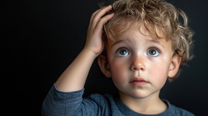Bewildered child: confusion and wonder as a young mind tries to make sense of the world, innocence and vulnerability of childhood with wide eyes and a curious expression.
