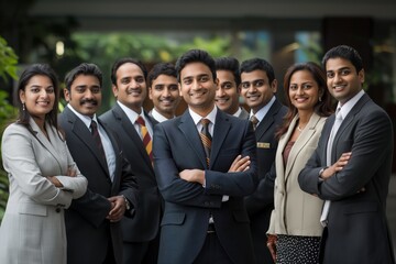 Fototapeta premium Group of 8 professionals in business attire stand together. Male in front holds microphone, possibly event organizer or speaker. Modern glass building provides corporate setting.