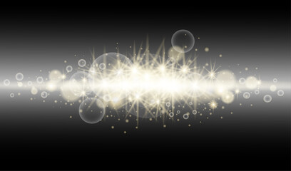 New Year's glitter on a transparent background. Shining star, sun particles, sparkles with glare effect, golden lights, sparkles and glitter. On a dark background.