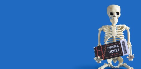 Skeleton with cinema ticket on blue background with space for text. Halloween celebration