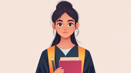 Cute school girl holding diploma and books in graduation uniform celebrating achievement