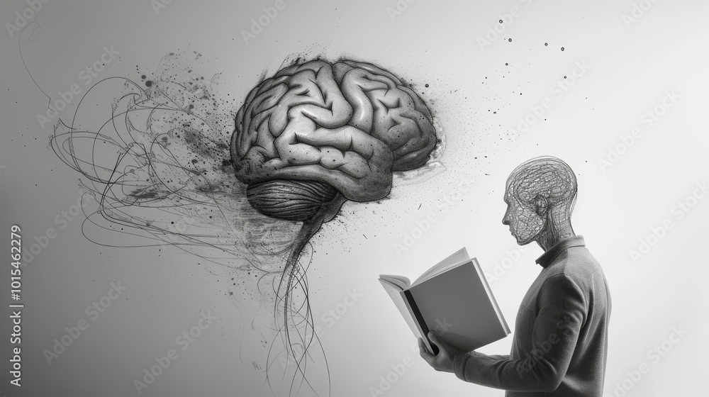Poster a grayscale futuristic illustration showing a human figure reading a book, with a large brain in the