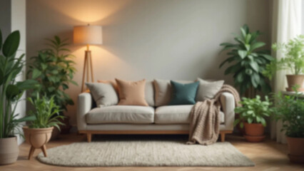 Blurred view of stylish living room with comfortable sofa and houseplants, widescreen 16:9, 300 dpi, with free space for text