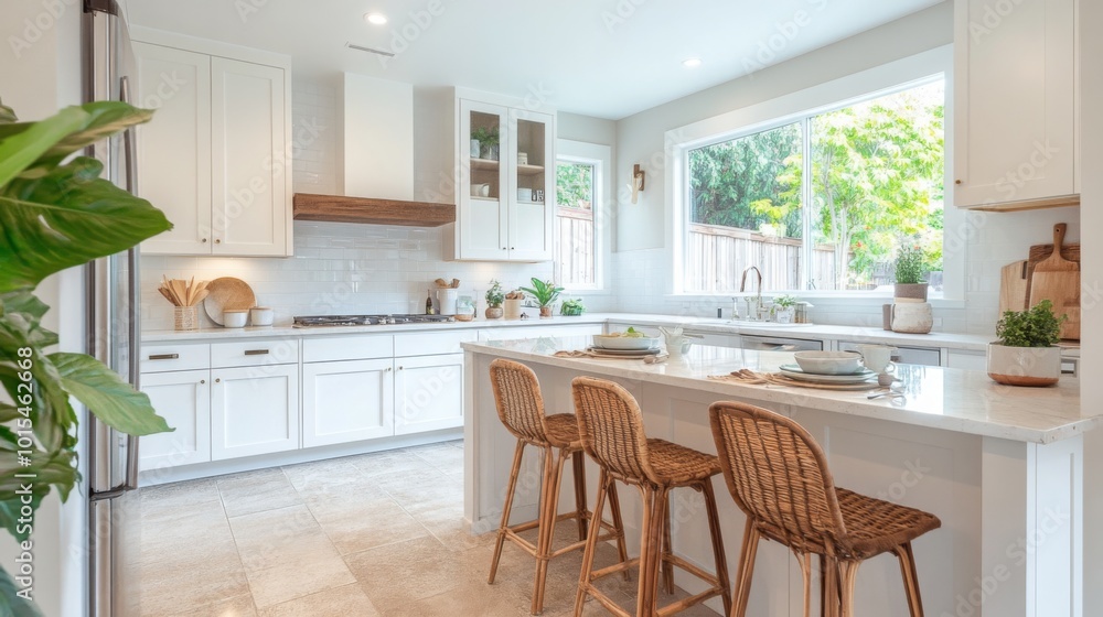 Aufkleber a contemporary kitchen showcases white cabinetry and a large island with bar stools, illuminated by 