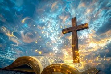 Illuminated Bible and Wooden Cross Against a Dramatic Sunset Sky Symbolizing Faith Hope Peace and Spiritual Tranquility in Nature