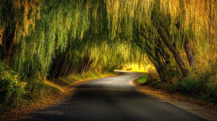 Obraz premium Serene road beneath lush willow tree tunnel in autumn light