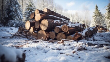 Heavy logs from cut fresh brown pine trees lie on the ground in winter in the forest during the day. Neural network ai generated art