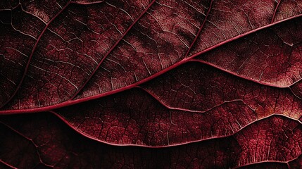 Fototapeta premium Close-up of a red leaf's vein on plant's leaf structure