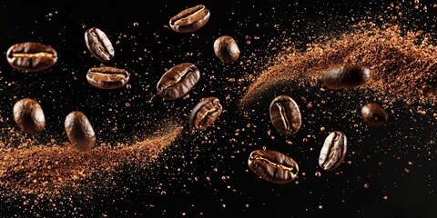 Dynamic coffee beans in mid-air with swirling ground coffee on a black background capturing energy motion and the essence of fresh brew