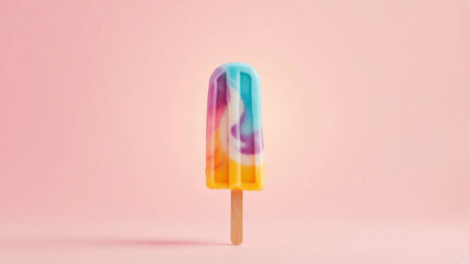 Colorful Ice cream popsicle on pastel pink background. Minimal summer composition, widescreen 16:9, 300 dpi, with free space for text