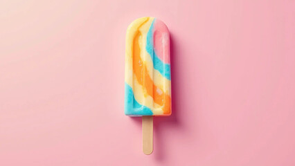 Colorful Ice cream popsicle on pastel pink background. Minimal summer composition, widescreen 16:9, 300 dpi, with free space for text