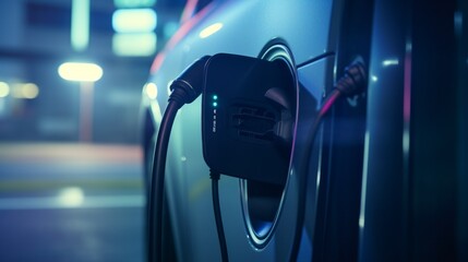 EV car plug in with charging station to recharge electricity. Neural network ai generated art