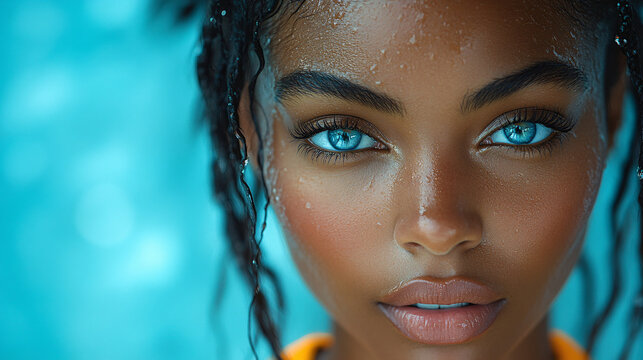 beautiful woman with blue eyes and wet skin - portrait of a black female model in close-up