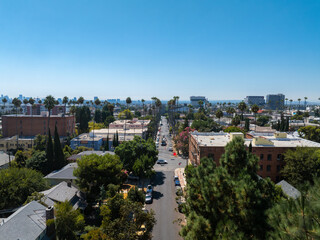 Aerial view of a Los Angeles residential area with palm lined streets, low rise buildings, and a...