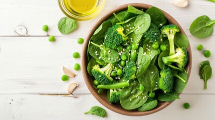 Obraz premium Fresh Broccoli, Spinach, and Green Bean Salad in a Ceramic Bowl with Olive Oil on White Wooden Surface