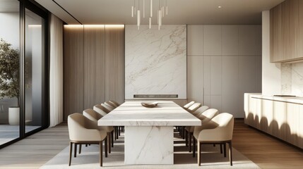 A spacious dining area features a stylish marble table surrounded by soft, beige chairs. Natural light floods the room through large windows, highlighting the modern interior design.