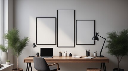 A study or a small office room interior design with decoratives, accessories and poster frame mock-up on the wall 3d illustration.