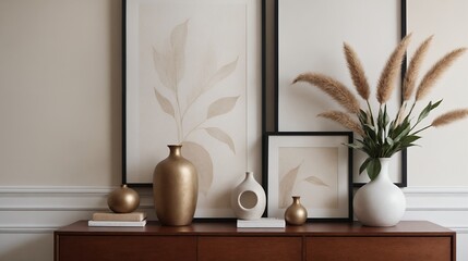 A living room interior design with decoratives, accessories and poster frame mock-up on the wall 3d illustration.