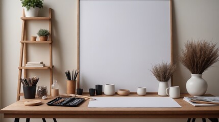 A study room interior design with decoratives, accessories and poster frame mock-up on the wall 3d illustration.