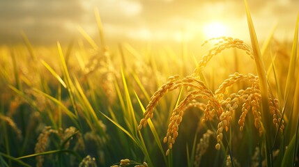 Close-up of golden rice stalks in a field bathed in the warm glow of the setting sun.