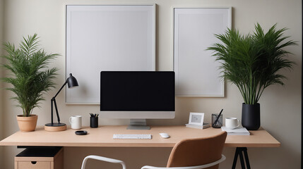 A study or a small office room interior design with decoratives, accessories and poster frame mock-up on the wall 3d illustration.