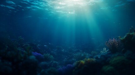 Obraz premium Explore an enchanting underwater world with colorful coral reefs and lively fish schools illuminated by soft blue-green light, perfect for immersive experiences