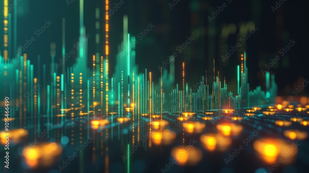 Aufkleber abstract visualization of data with tall glowing bars and illuminated points on a dark background. t