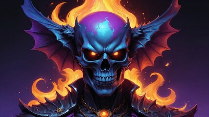 A broken fiery skull with bat wings and in bright colors