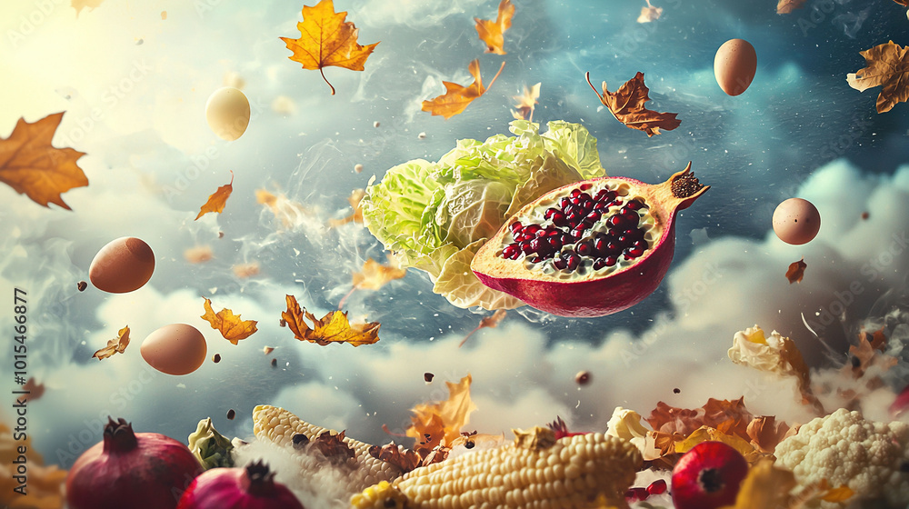 Poster  An artistic shot of a pomegranate suspended mid-air among vibrant autumn foliage, diverse fruits, and veggies