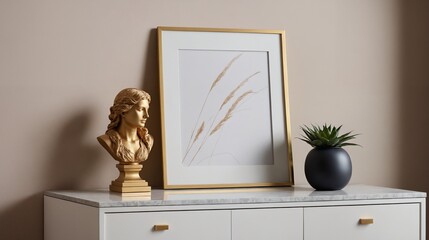 A living room interior with golden accessories and poster frame mock-up on the wall 3d illustration.