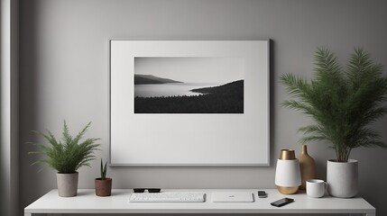 A study or a small office room interior design with decoratives, accessories and poster frame mock-up on the wall 3d illustration.