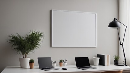 A study or a small office room interior design with decoratives, accessories and poster frame mock-up on the wall 3d illustration.