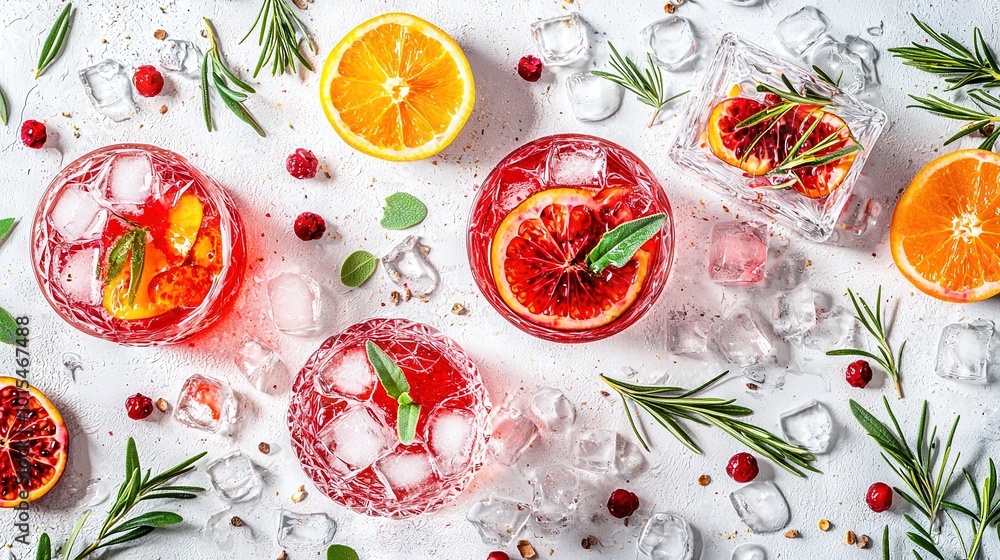 Sticker   A glass of blood-orange juice and a sprig of rosemary on a white table with ice cubes nearby