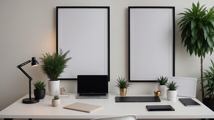 A study or a small office room interior design with decoratives, accessories and poster frame mock-up on the wall 3d illustration.