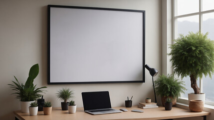 A study or a small office room interior design with decoratives, accessories and a black poster frame mock-up on the wall 3d illustration.