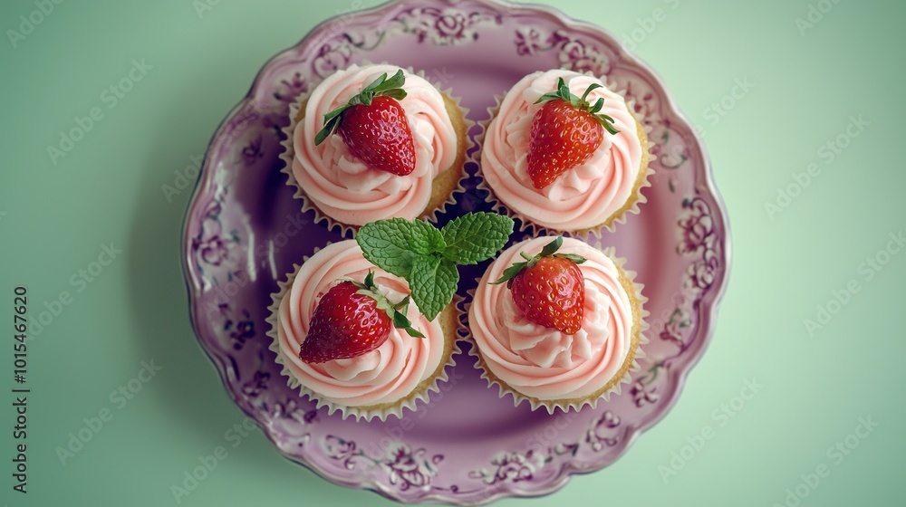 Sticker   Three cupcakes with white frosting and strawberries on a purple plate on a green background with a green leaf