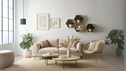 Cozy living room with a beige velvet sofa, wicker chair, and abstract art. Perfect for home decor, interior design, and lifestyle projects.