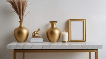 A living room interior with a golden colour poster frame mock-up on the wall 3d illustration.